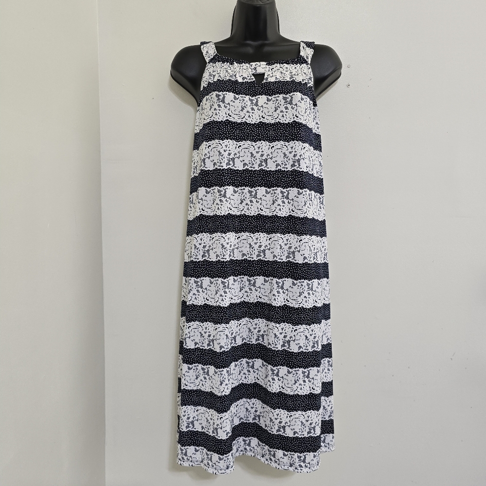 new PERCEPTIONS XL Sleeveless Knee Length Lace Polka Dot Print Dress Navy‎ White